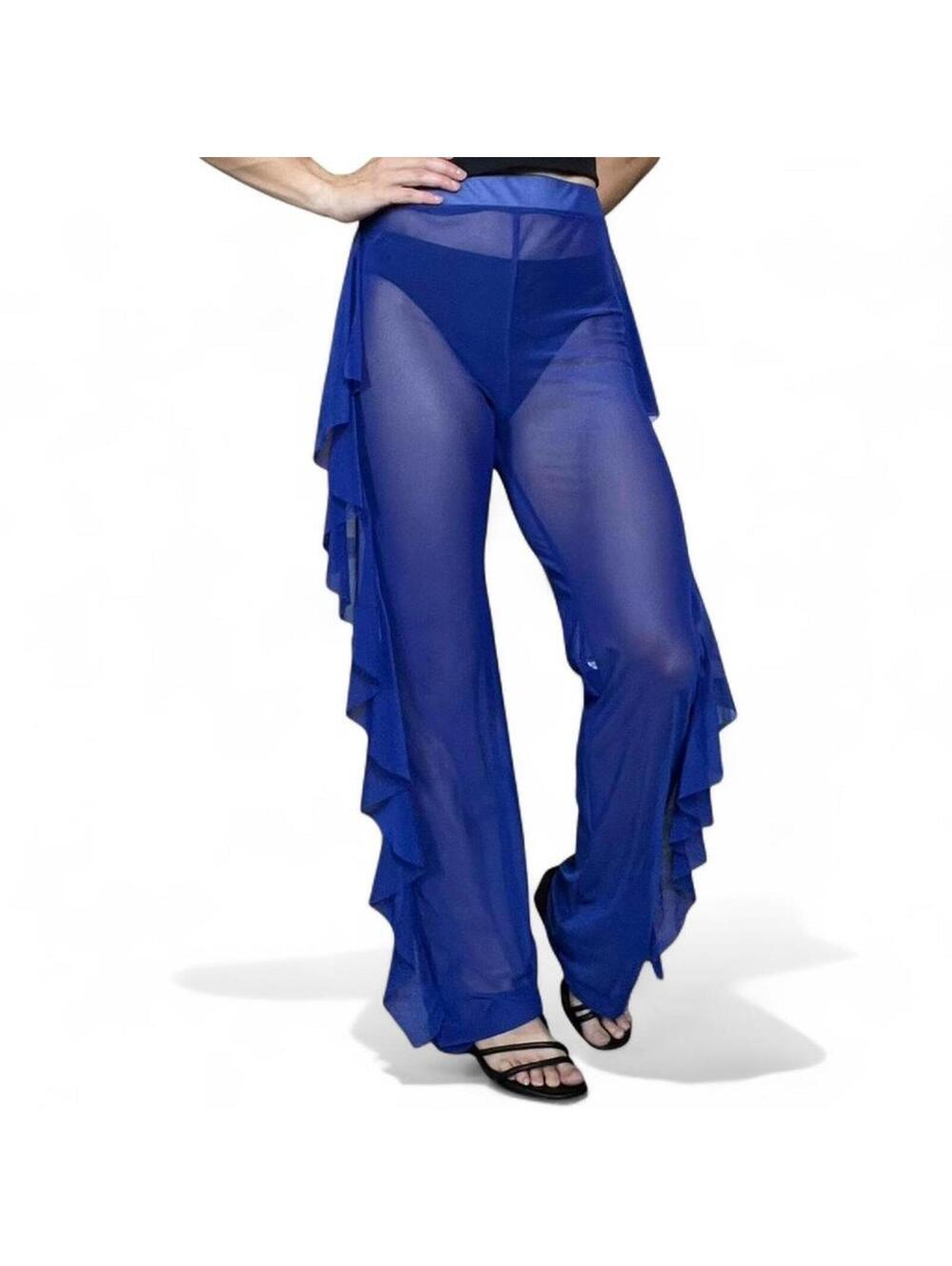 Blue Mesh Flared Pants with Ruffles